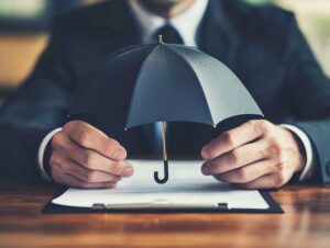 A family reviews insurance documents together at their kitchen table with papers and a laptop.